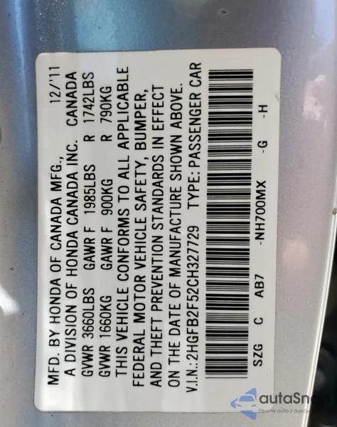 2012 Honda Civic Lx из США, поврежденный, VIN 2HGFB2F52CH327729